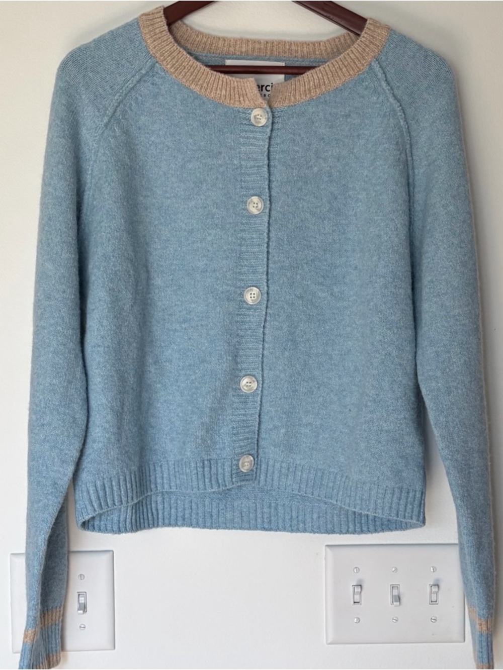 Light Blue Button-Front Cardigan with Beige Crewneck Trim by Unbranded